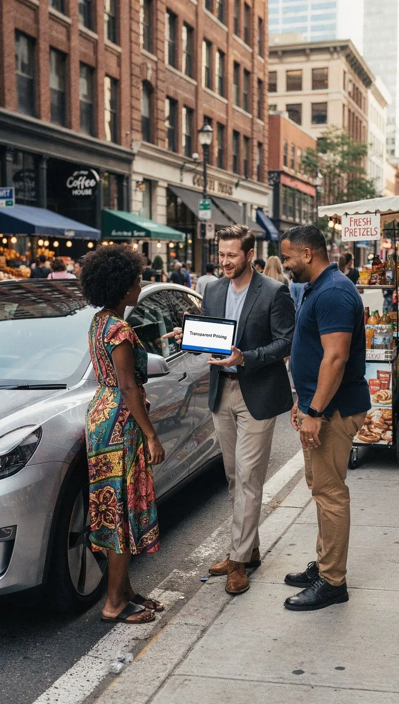 Счастливая семья, получающая помощь после аварии, иллюстрирующая поддержку при страховых случаях.